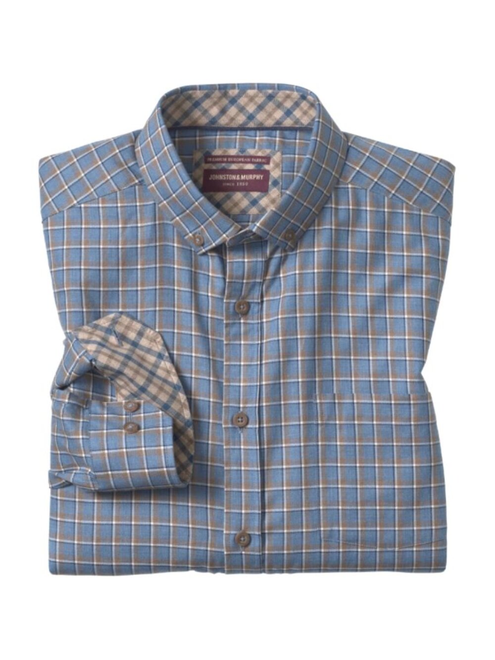 Johnston & Murphy Huntley Long Sleeve Button Down Cotton Shirt Blue Plaid, Large